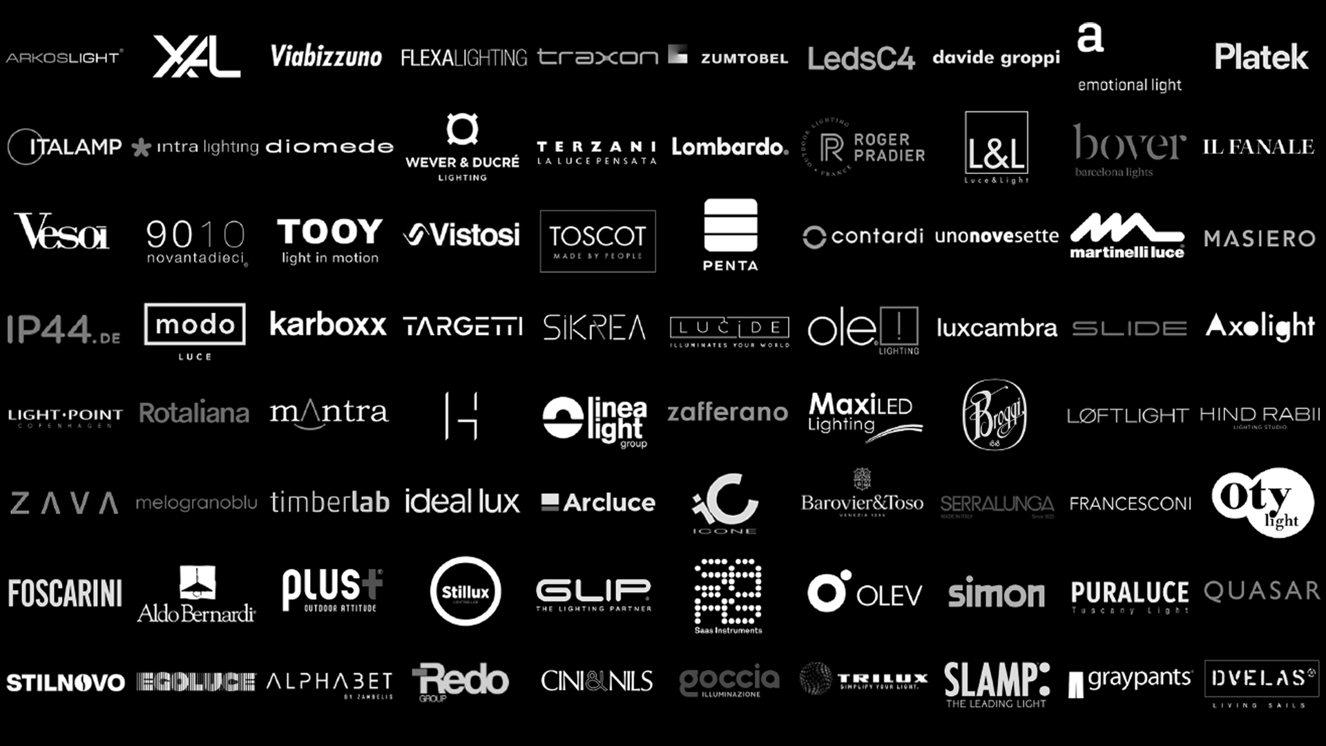 Collage of multiple lighting and design brand logos including Arkoslight, XAL, Viabizzuno, Wever & Ducré, Terzani, Vistosi, Foscarini, Stilnovo, Slamp, and others.